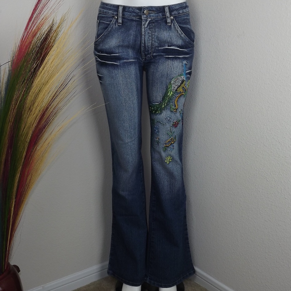 Peacock Cross Stitch Dark Wash Blue Denim Jeans